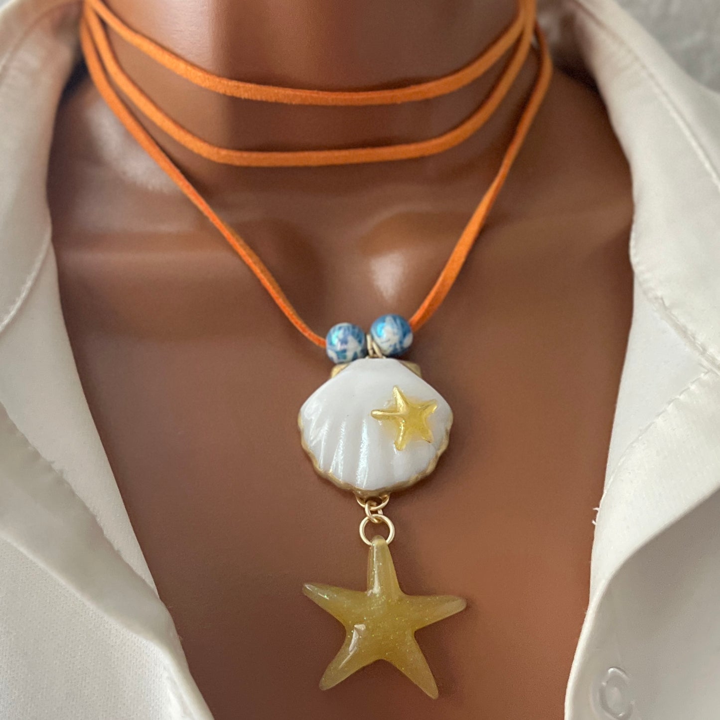 Resin Shell Starfish Charm Necklace, Starfish Choker Necklace, Shell Pendant Necklace, Boho Necklace, Surfer Necklace, Summer, Beach