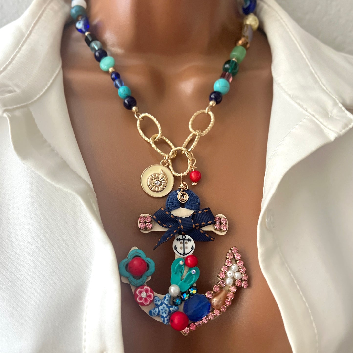 "Handmade Nautical Anchor Necklace – Mixed Gemstone Beaded Necklace with Rhodium Chain and Wooden Anchor Pendant – Statement Boho Jewelry"