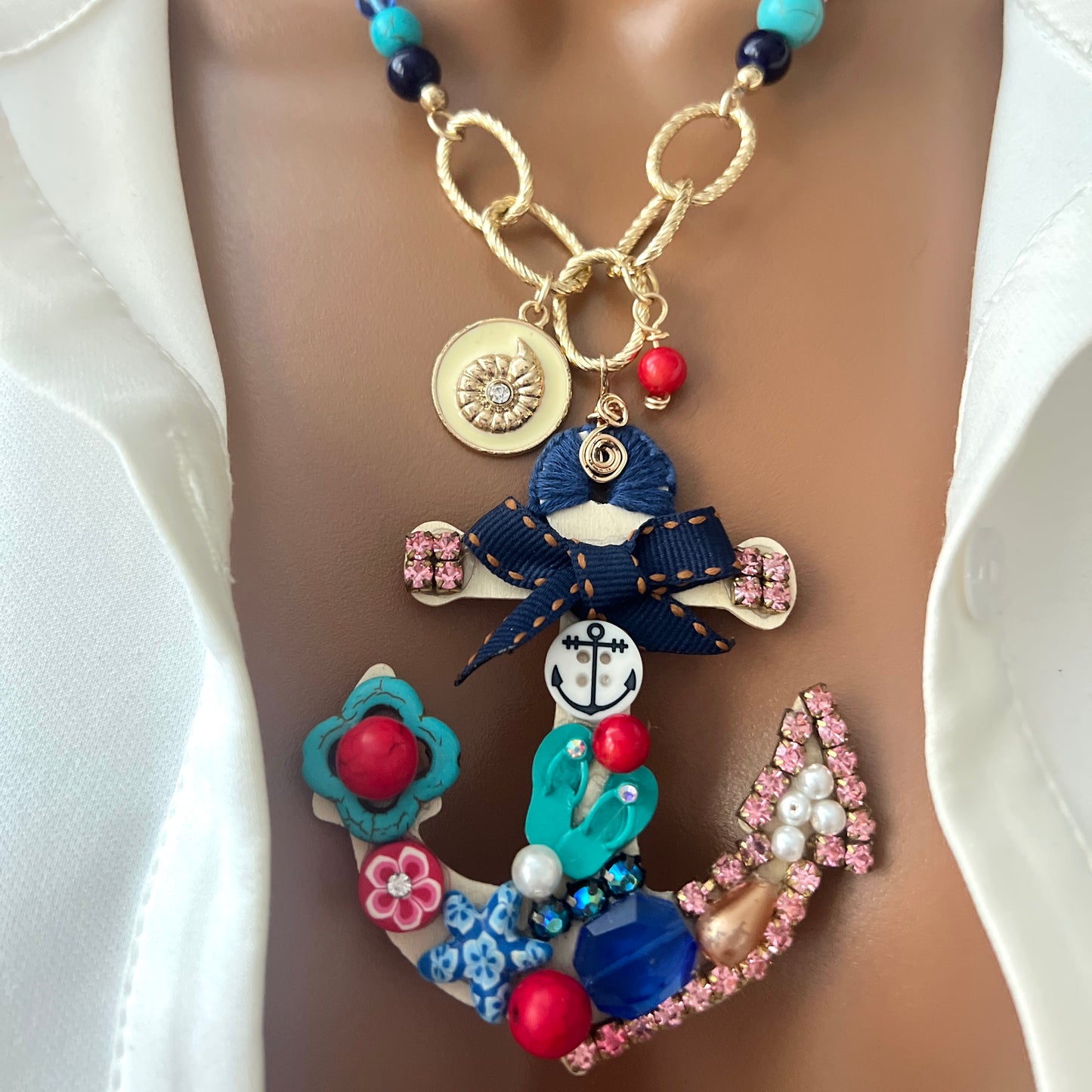 "Handmade Nautical Anchor Necklace – Mixed Gemstone Beaded Necklace with Rhodium Chain and Wooden Anchor Pendant – Statement Boho Jewelry"