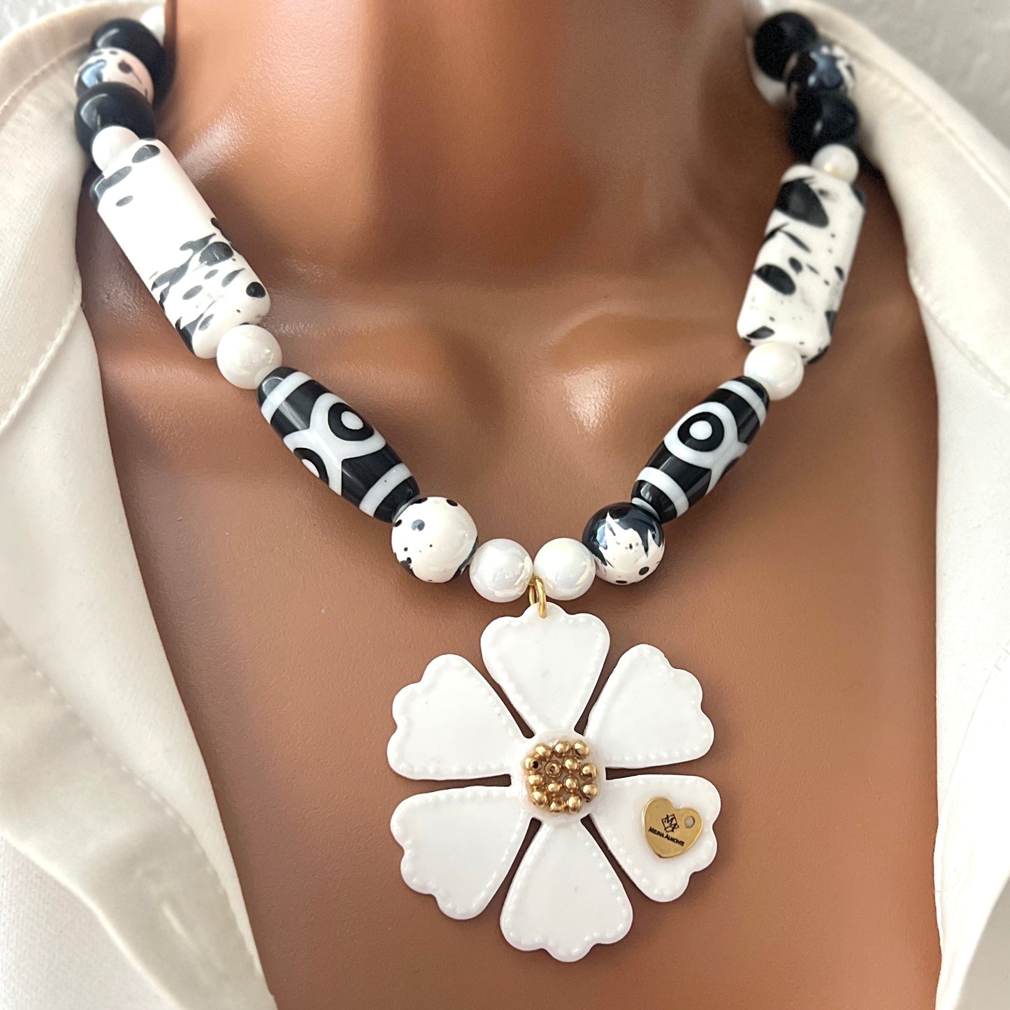 "Hand Painted Ceramic Beaded Necklace with Tibetan Design, Resin Flower Pendant, Black and White Boho Statement Necklace"