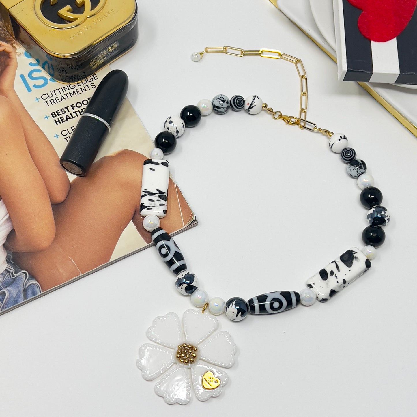 "Hand Painted Ceramic Beaded Necklace with Tibetan Design, Resin Flower Pendant, Black and White Boho Statement Necklace"