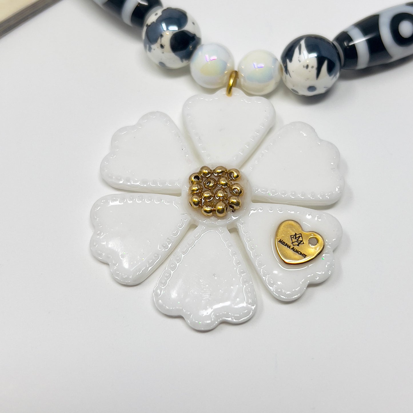 "Hand Painted Ceramic Beaded Necklace with Tibetan Design, Resin Flower Pendant, Black and White Boho Statement Necklace"