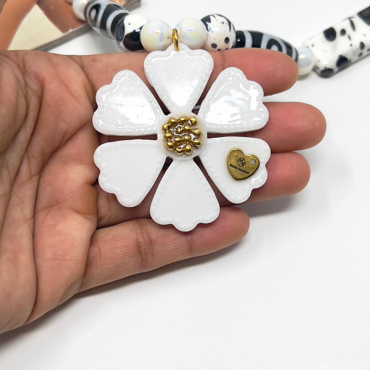 "Hand Painted Ceramic Beaded Necklace with Tibetan Design, Resin Flower Pendant, Black and White Boho Statement Necklace"