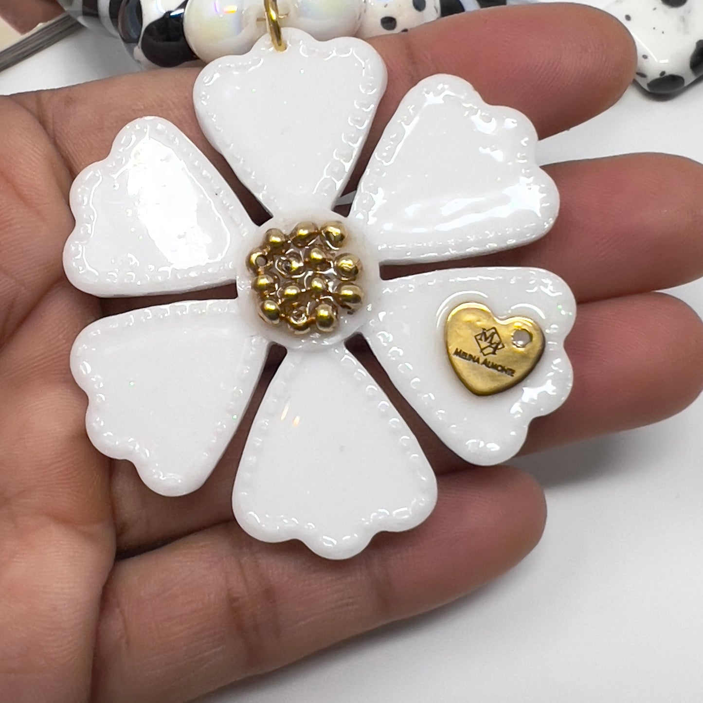 "Hand Painted Ceramic Beaded Necklace with Tibetan Design, Resin Flower Pendant, Black and White Boho Statement Necklace"