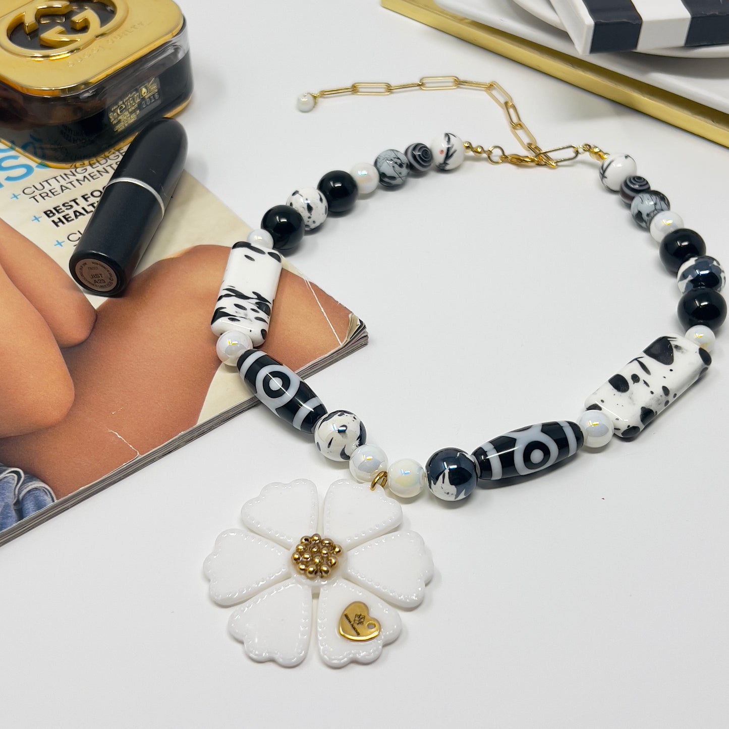 "Hand Painted Ceramic Beaded Necklace with Tibetan Design, Resin Flower Pendant, Black and White Boho Statement Necklace"