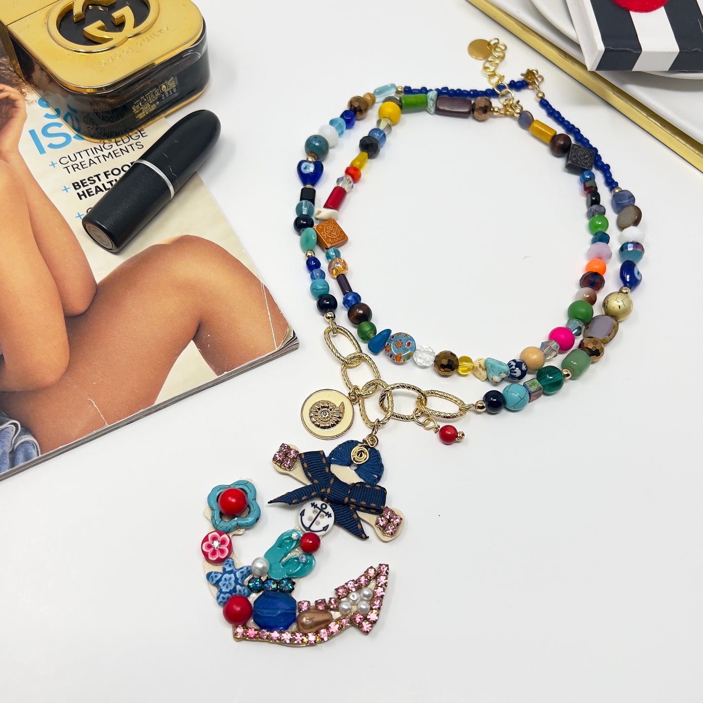 "Handmade Nautical Anchor Necklace – Mixed Gemstone Beaded Necklace with Rhodium Chain and Wooden Anchor Pendant – Statement Boho Jewelry"