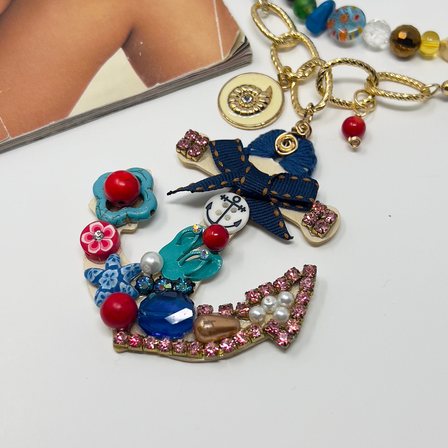 "Handmade Nautical Anchor Necklace – Mixed Gemstone Beaded Necklace with Rhodium Chain and Wooden Anchor Pendant – Statement Boho Jewelry"
