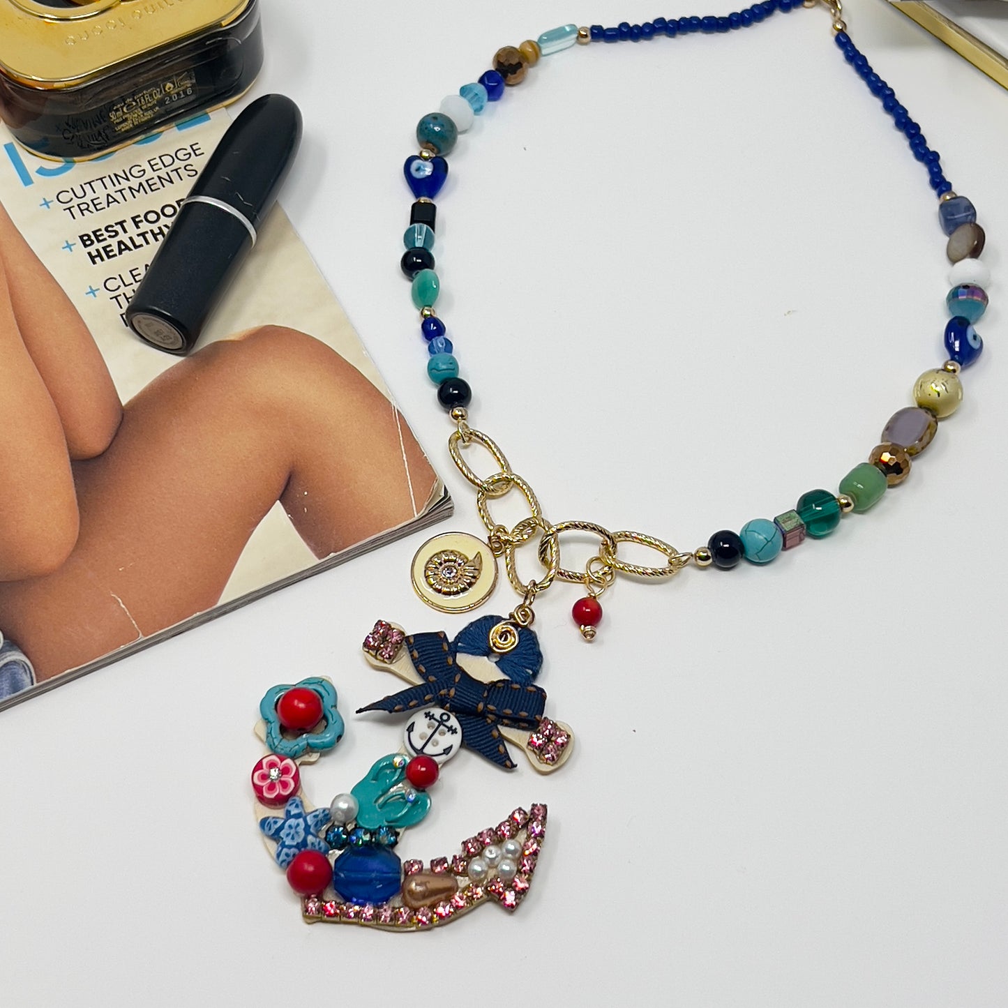"Handmade Nautical Anchor Necklace – Mixed Gemstone Beaded Necklace with Rhodium Chain and Wooden Anchor Pendant – Statement Boho Jewelry"