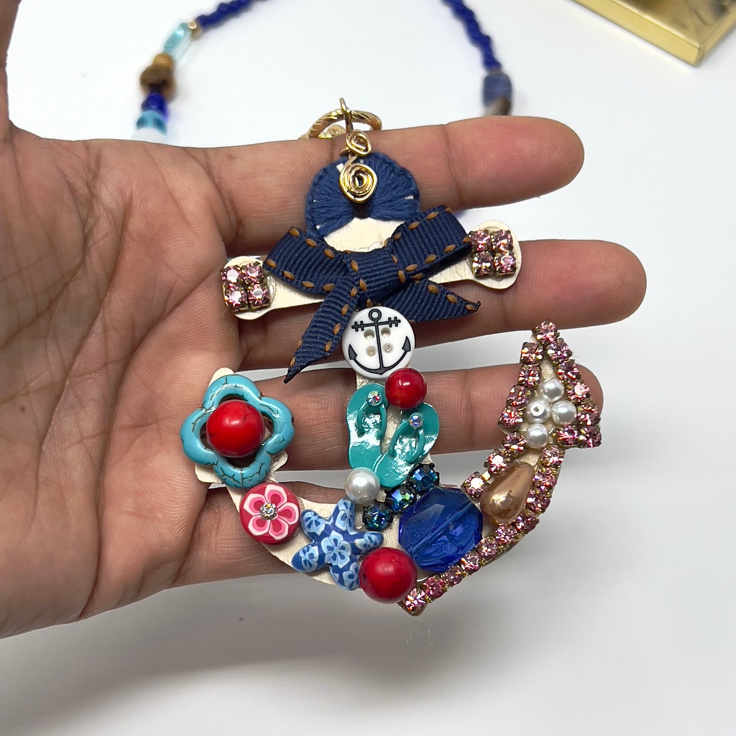 "Handmade Nautical Anchor Necklace – Mixed Gemstone Beaded Necklace with Rhodium Chain and Wooden Anchor Pendant – Statement Boho Jewelry"