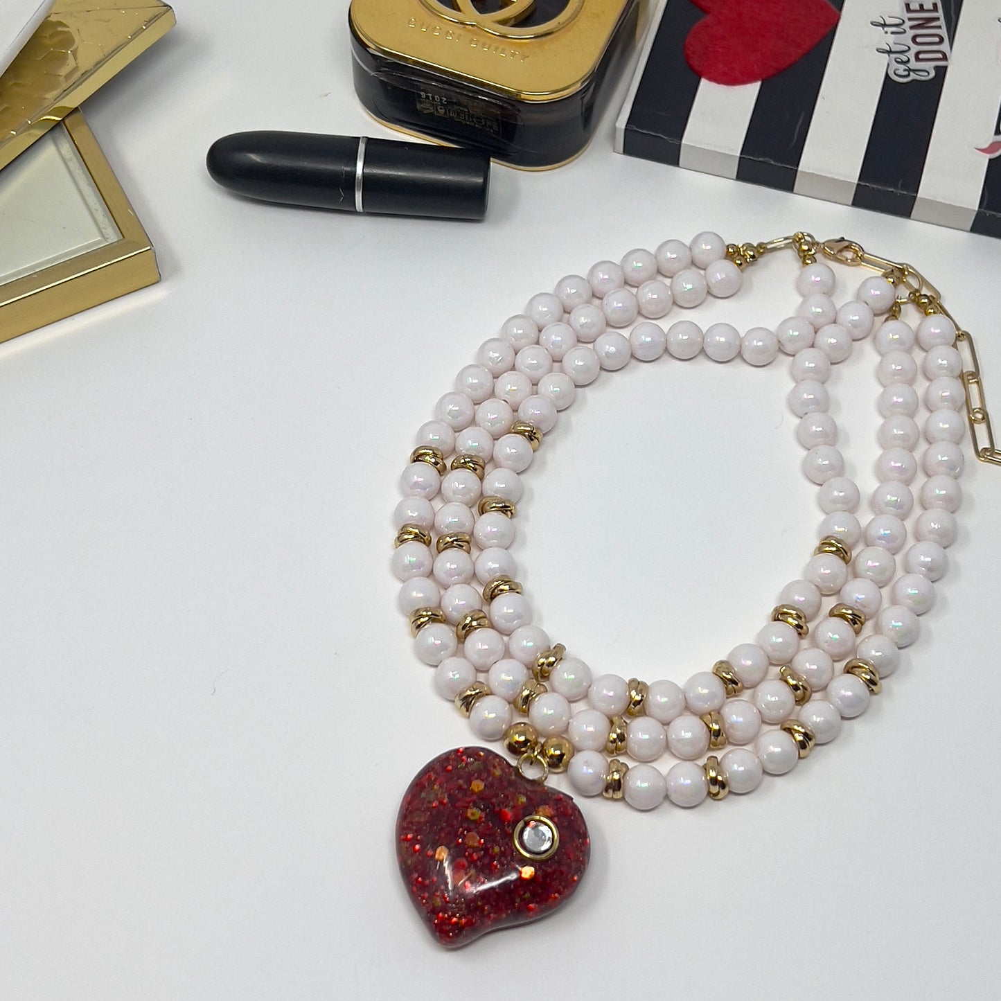 Layered Beaded Necklace with Resin Heart Pendant, Handmade Necklace
