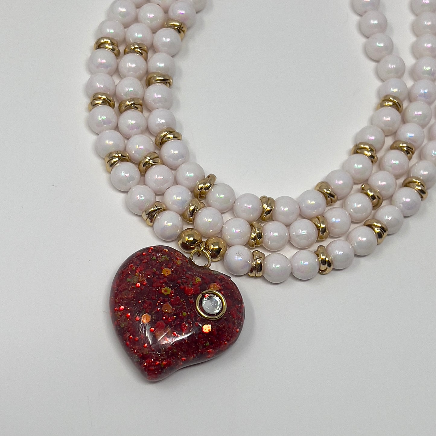 Layered Beaded Necklace with Resin Heart Pendant, Handmade Necklace