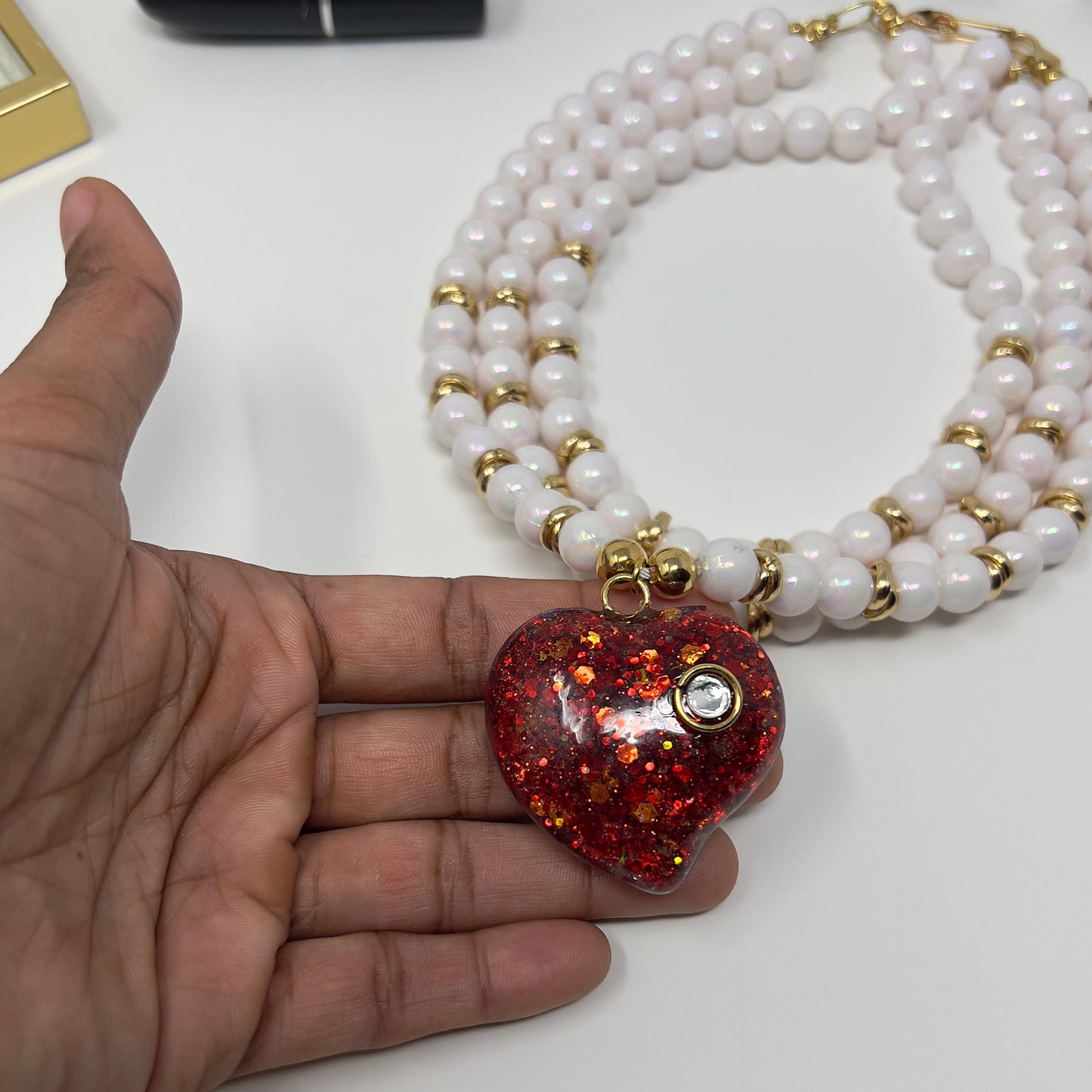 Layered Beaded Necklace with Resin Heart Pendant, Handmade Necklace