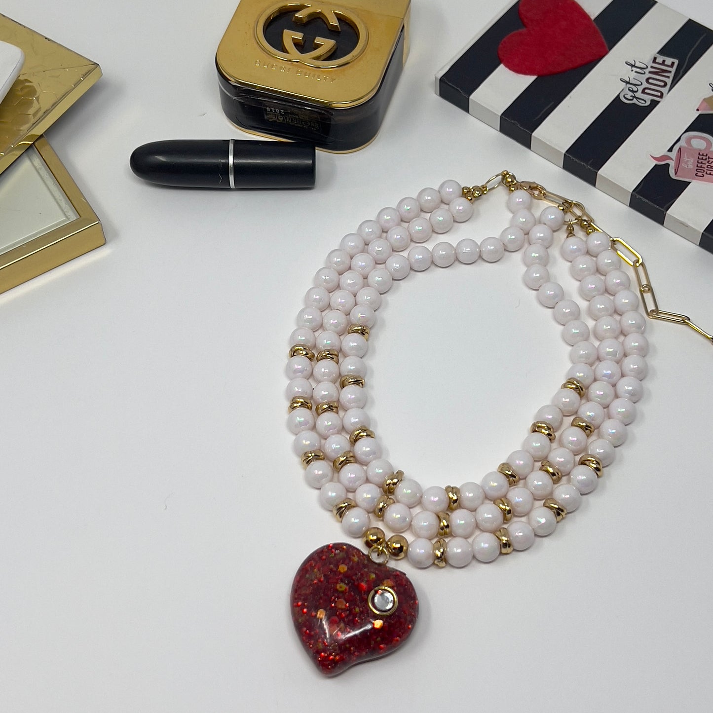 Layered Beaded Necklace with Resin Heart Pendant, Handmade Necklace
