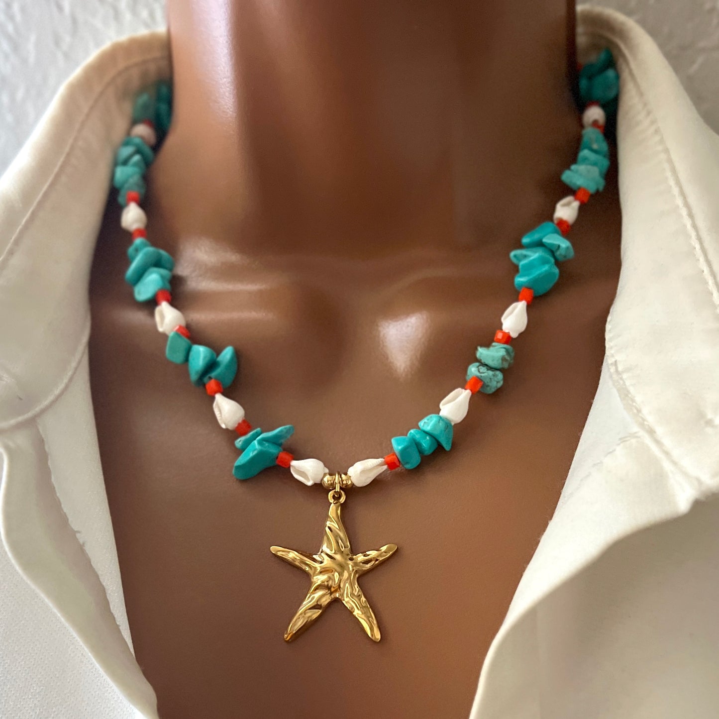 Handmade Turquoise Chip Bead Necklace with Natural Shell, Crystal Beads & Gold Stainless Steel Starfish Pendant – Adjustable Beach Jewelry