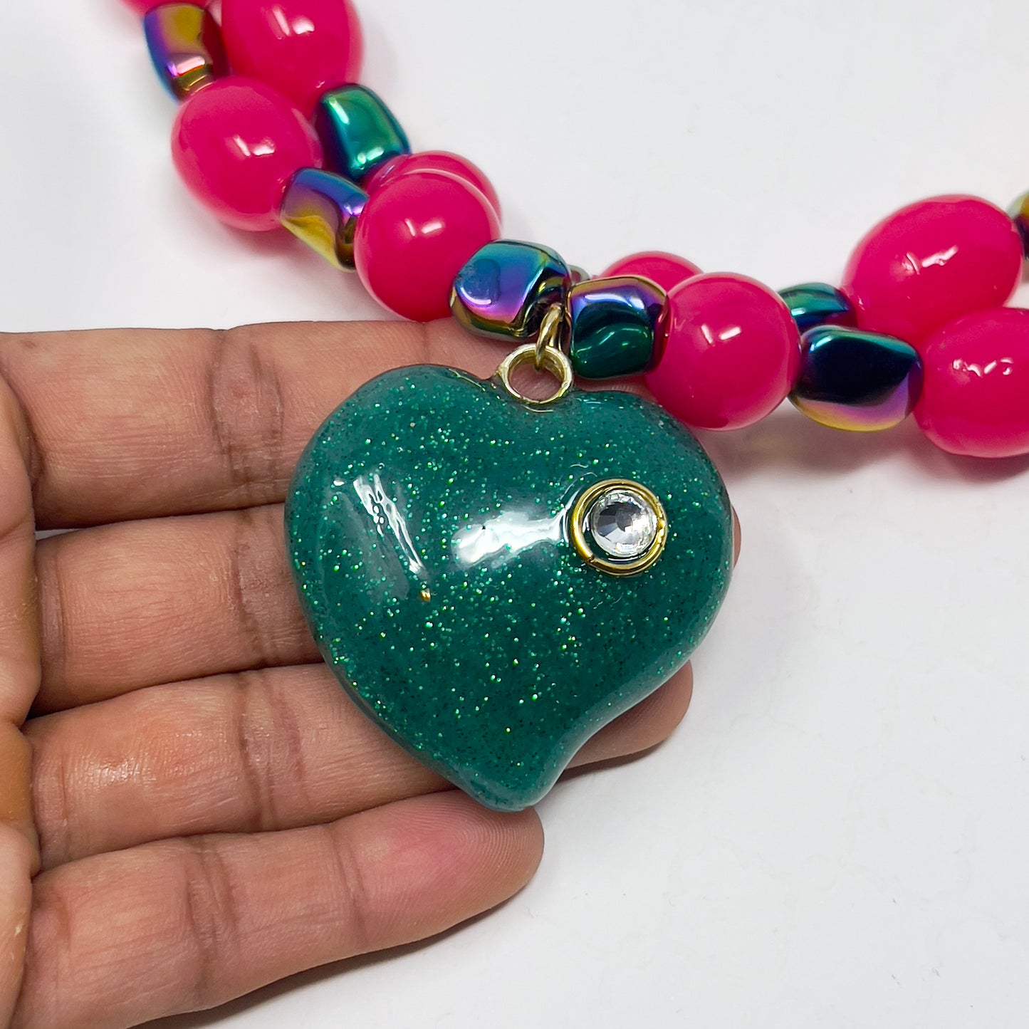 Handmade Double-Layer Resin Beaded Necklace with Heart Pendant and Austrian Crystals – Adjustable Statement Jewelry