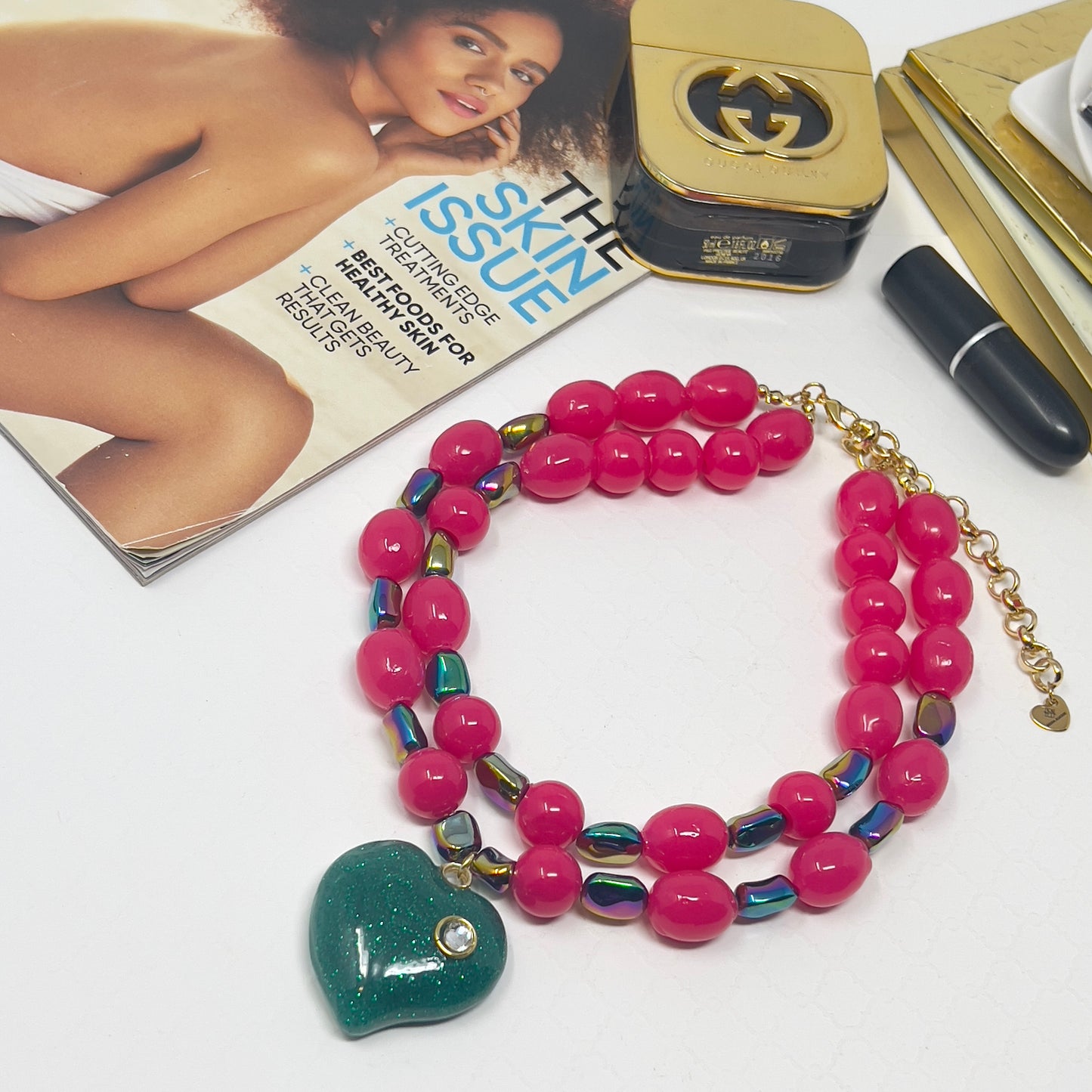 Handmade Double-Layer Resin Beaded Necklace with Heart Pendant and Austrian Crystals – Adjustable Statement Jewelry