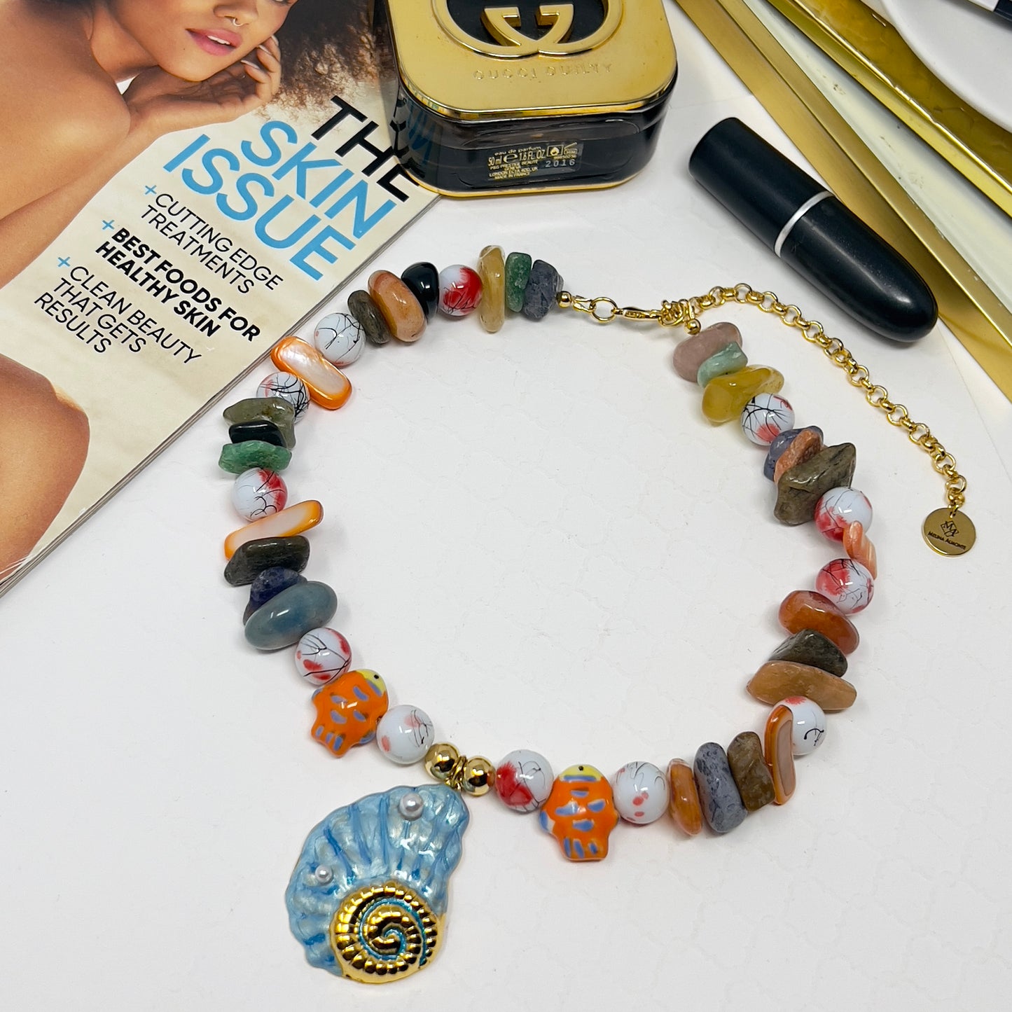 Handmade Colorful Beaded Necklace with Ceramic Fish Charms and Enamel Seashell Pendant – Adjustable Beach-Inspired Jewelry