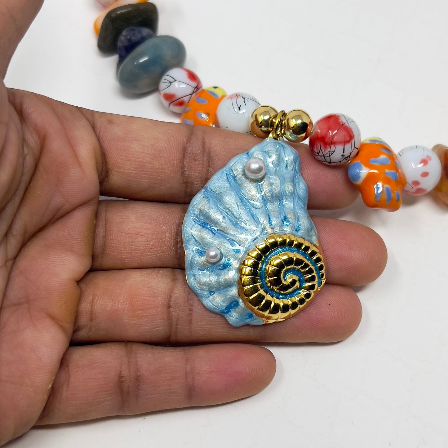 Handmade Colorful Beaded Necklace with Ceramic Fish Charms and Enamel Seashell Pendant – Adjustable Beach-Inspired Jewelry