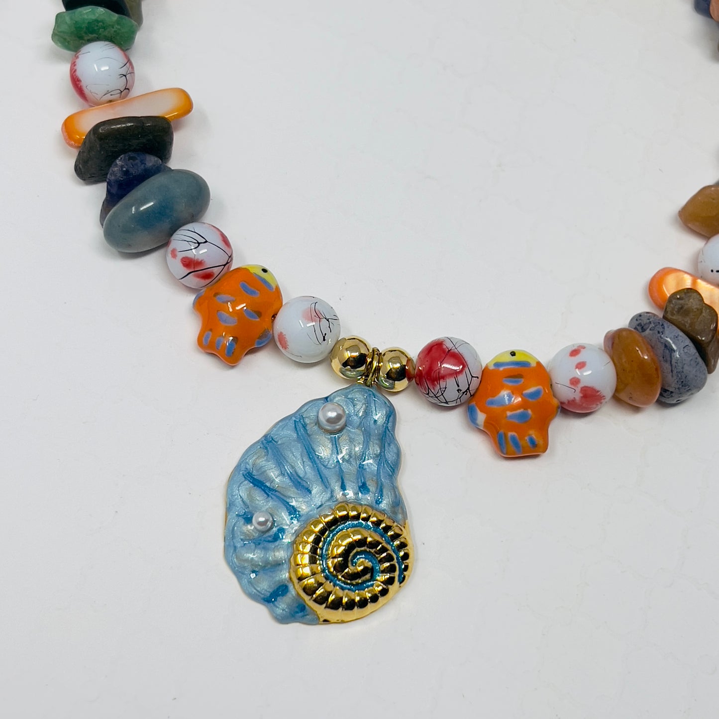 Handmade Colorful Beaded Necklace with Ceramic Fish Charms and Enamel Seashell Pendant – Adjustable Beach-Inspired Jewelry