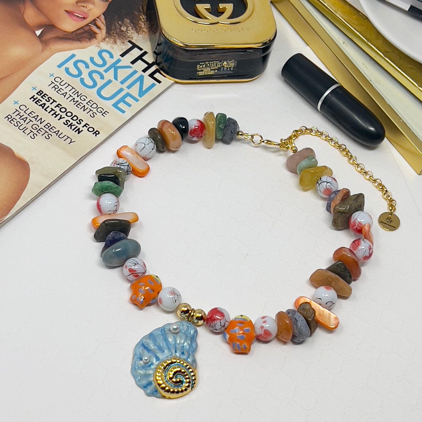 Handmade Colorful Beaded Necklace with Ceramic Fish Charms and Enamel Seashell Pendant – Adjustable Beach-Inspired Jewelry