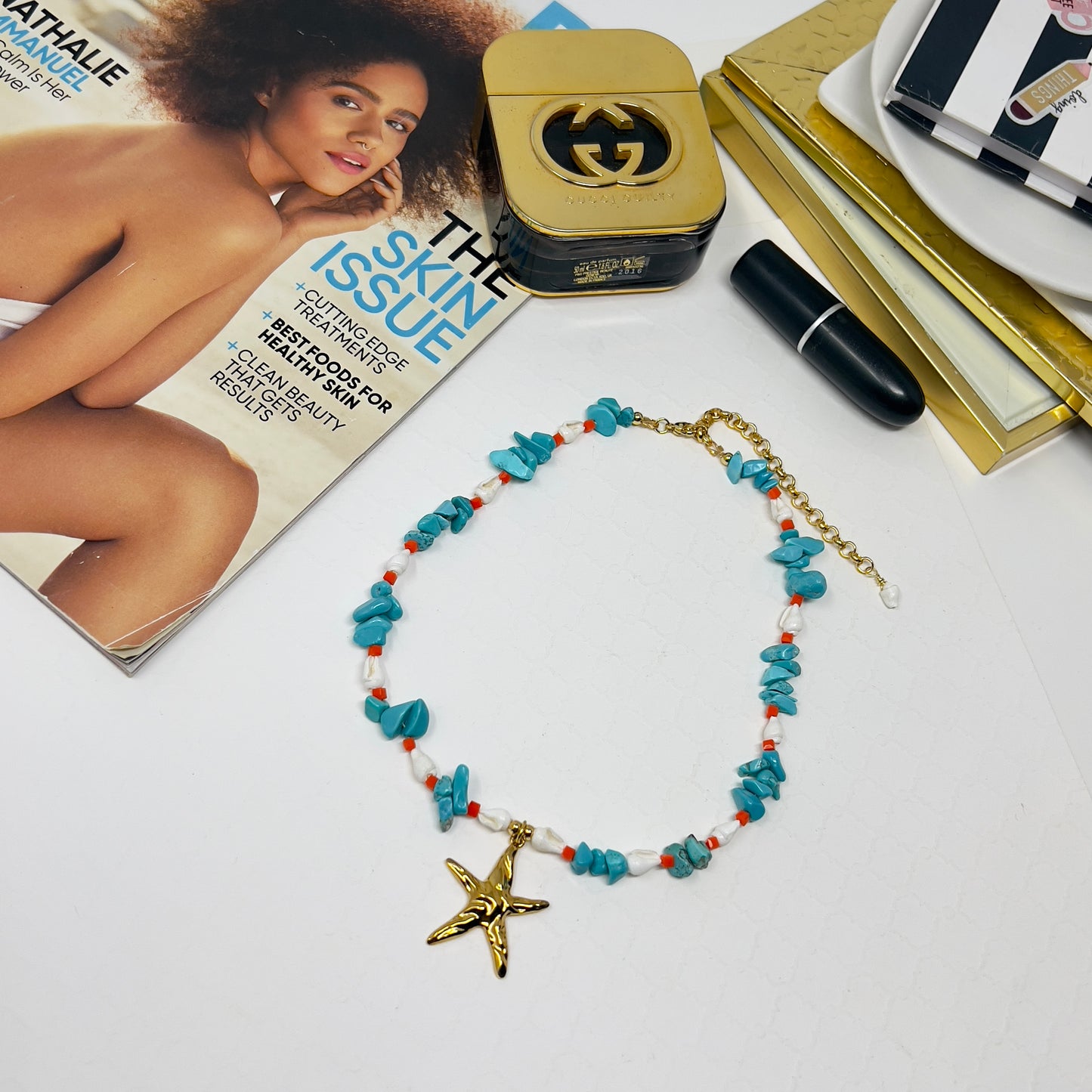 Handmade Turquoise Chip Bead Necklace with Natural Shell, Crystal Beads & Gold Stainless Steel Starfish Pendant – Adjustable Beach Jewelry