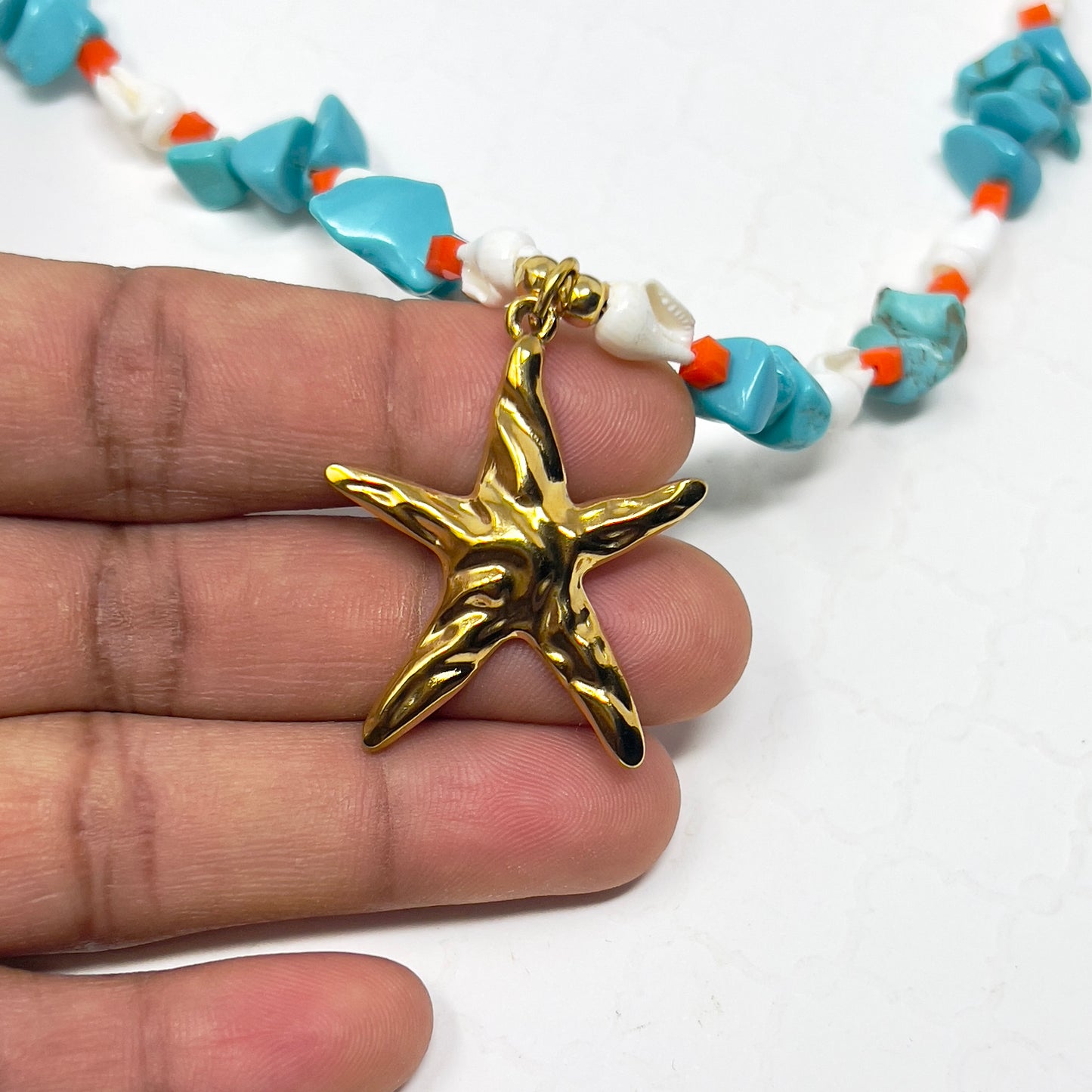 Handmade Turquoise Chip Bead Necklace with Natural Shell, Crystal Beads & Gold Stainless Steel Starfish Pendant – Adjustable Beach Jewelry