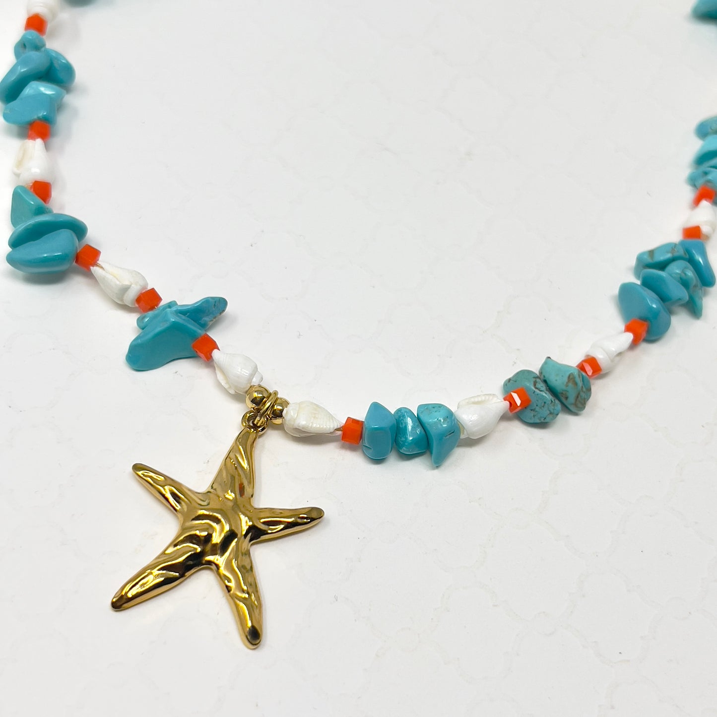 Handmade Turquoise Chip Bead Necklace with Natural Shell, Crystal Beads & Gold Stainless Steel Starfish Pendant – Adjustable Beach Jewelry