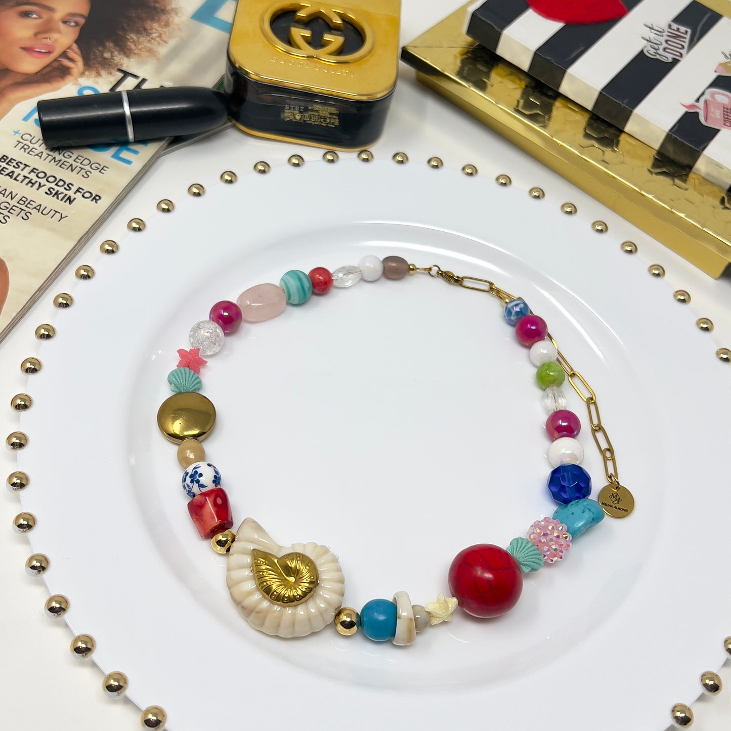 Handmade Necklace made of Multicolored Natural Beads with Snail Pendant in stainless steel