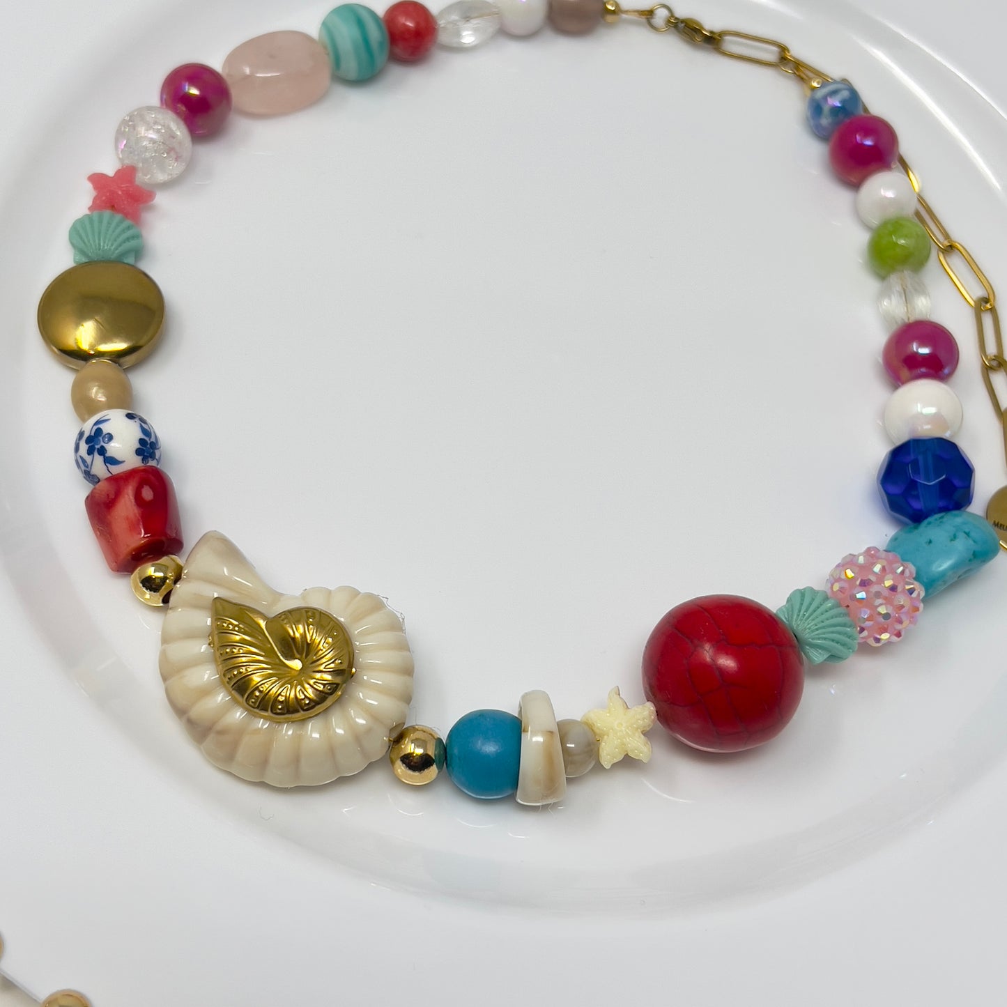 Handmade Necklace made of Multicolored Natural Beads with Snail Pendant in stainless steel