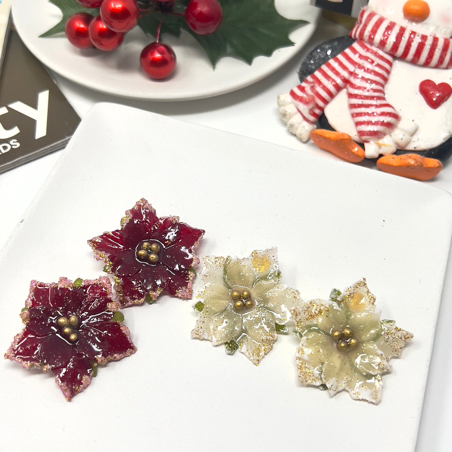 Poinsettia Christmas Earrings, Resin stud earrings, Christmas gift, Holiday earrings, Christmas jewelry, stocking stuffer, gift for women