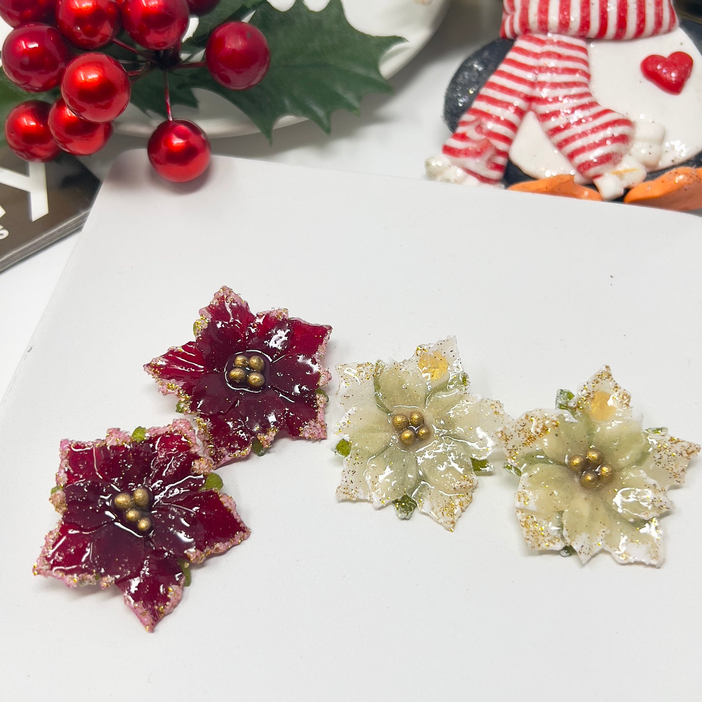Poinsettia Christmas Earrings, Resin stud earrings, Christmas gift, Holiday earrings, Christmas jewelry, stocking stuffer, gift for women