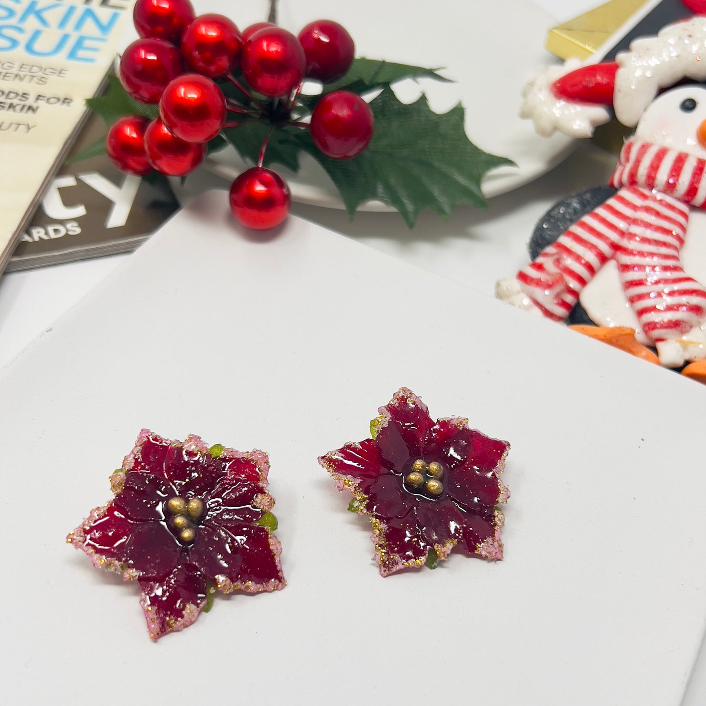 Poinsettia Christmas Earrings, Resin stud earrings, Christmas gift, Holiday earrings, Christmas jewelry, stocking stuffer, gift for women