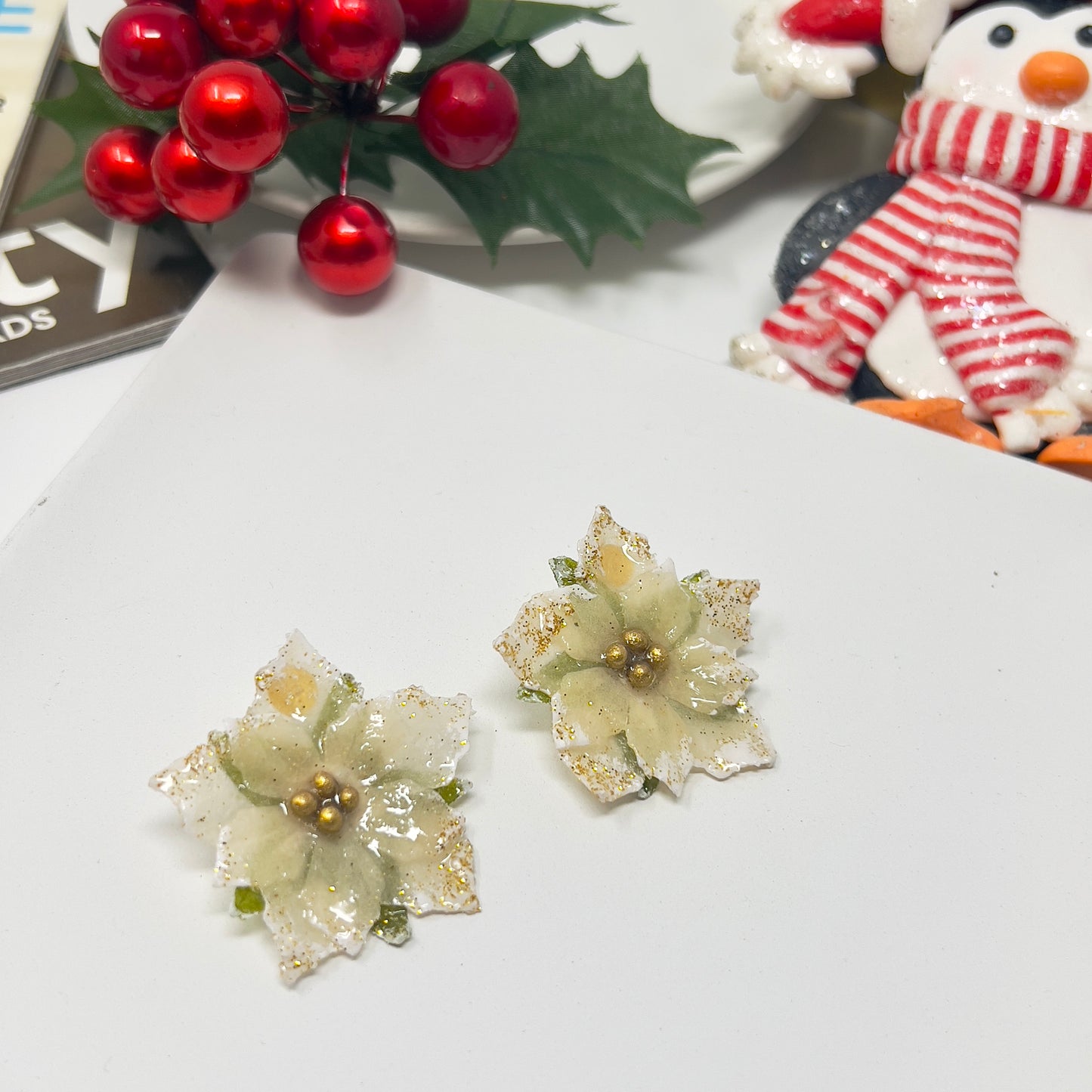 Poinsettia Christmas Earrings, Resin stud earrings, Christmas gift, Holiday earrings, Christmas jewelry, stocking stuffer, gift for women
