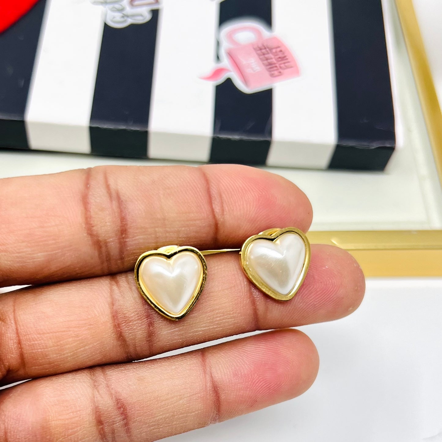 Stainless Steel Pearl Heart Stud Earrings, Dainty Gold Earrings, Post Earrings For Women