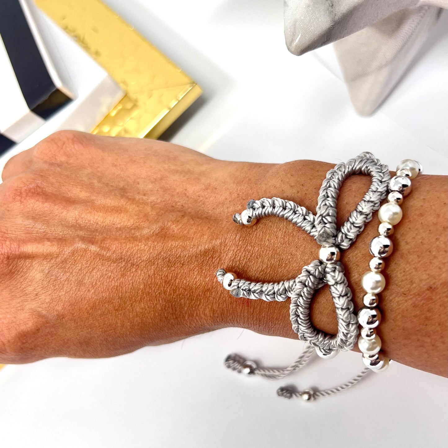 Silver bow bracelet, Pearl bow bracelet Set, Knot bracelet, coquette jewelry, y2k bracelet bows, coquette bow, Gold bow bracelet