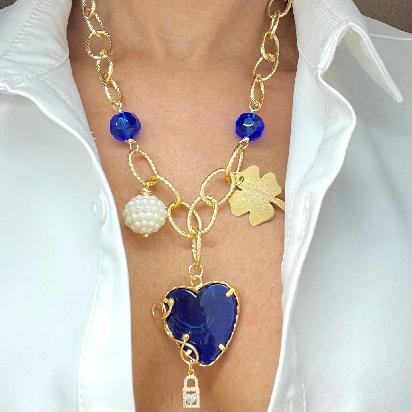 Murano Heart And Clover Gold Plated Charm Gold Chain Necklace For Women