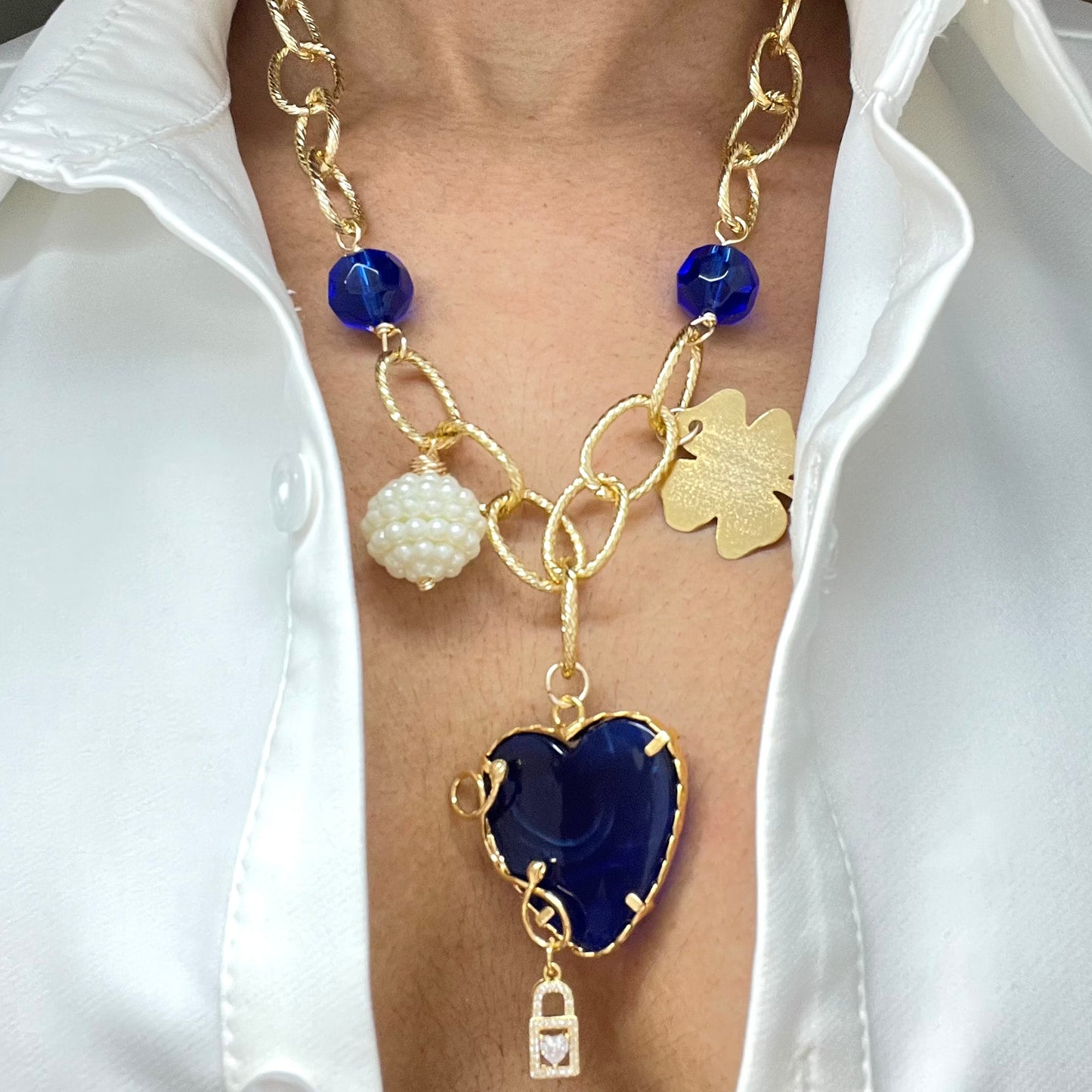 Murano Heart And Clover Gold Plated Charm Gold Chain Necklace For Women