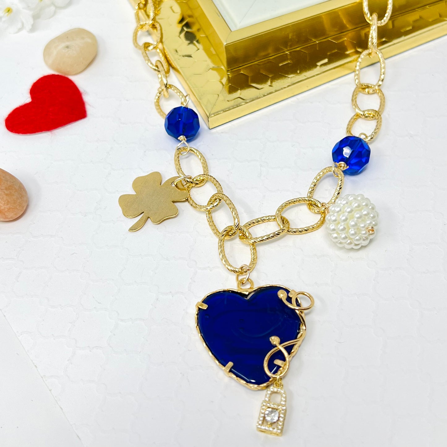 Murano Heart And Clover Gold Plated Charm Gold Chain Necklace For Women