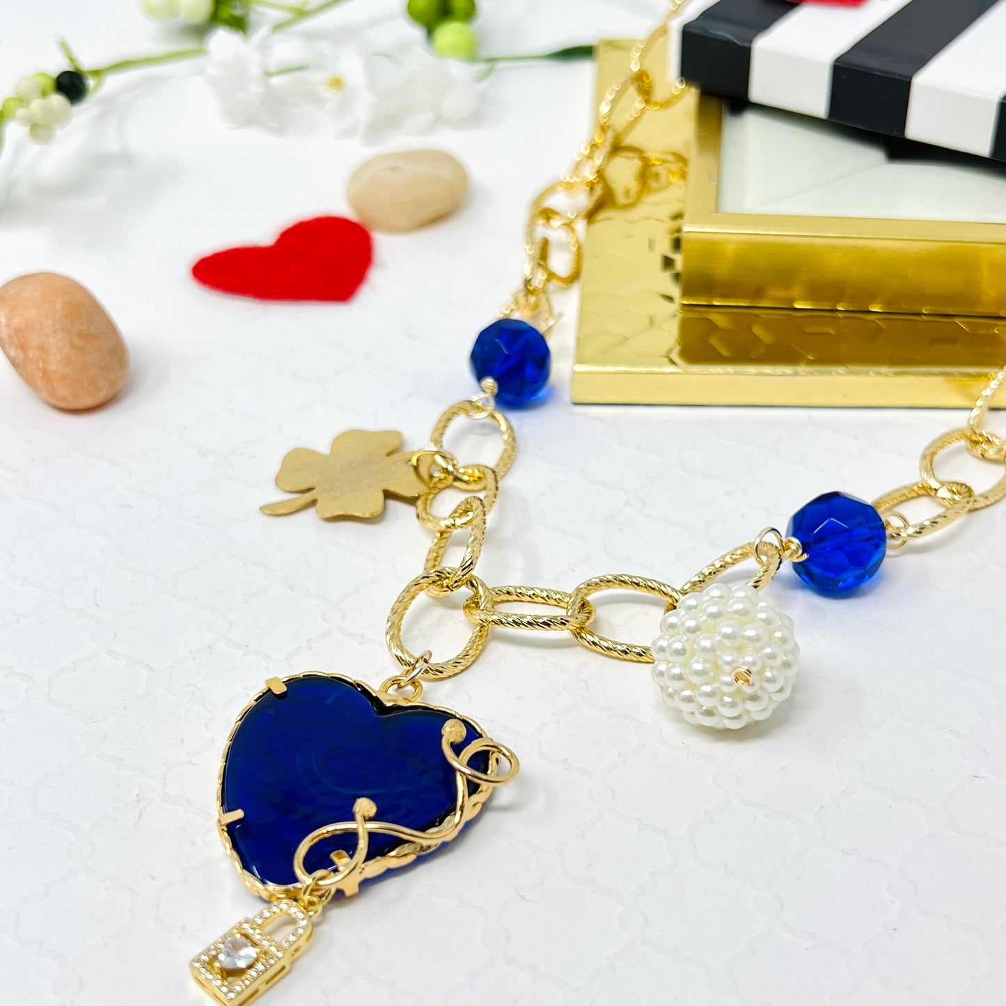 Murano Heart And Clover Gold Plated Charm Gold Chain Necklace For Women