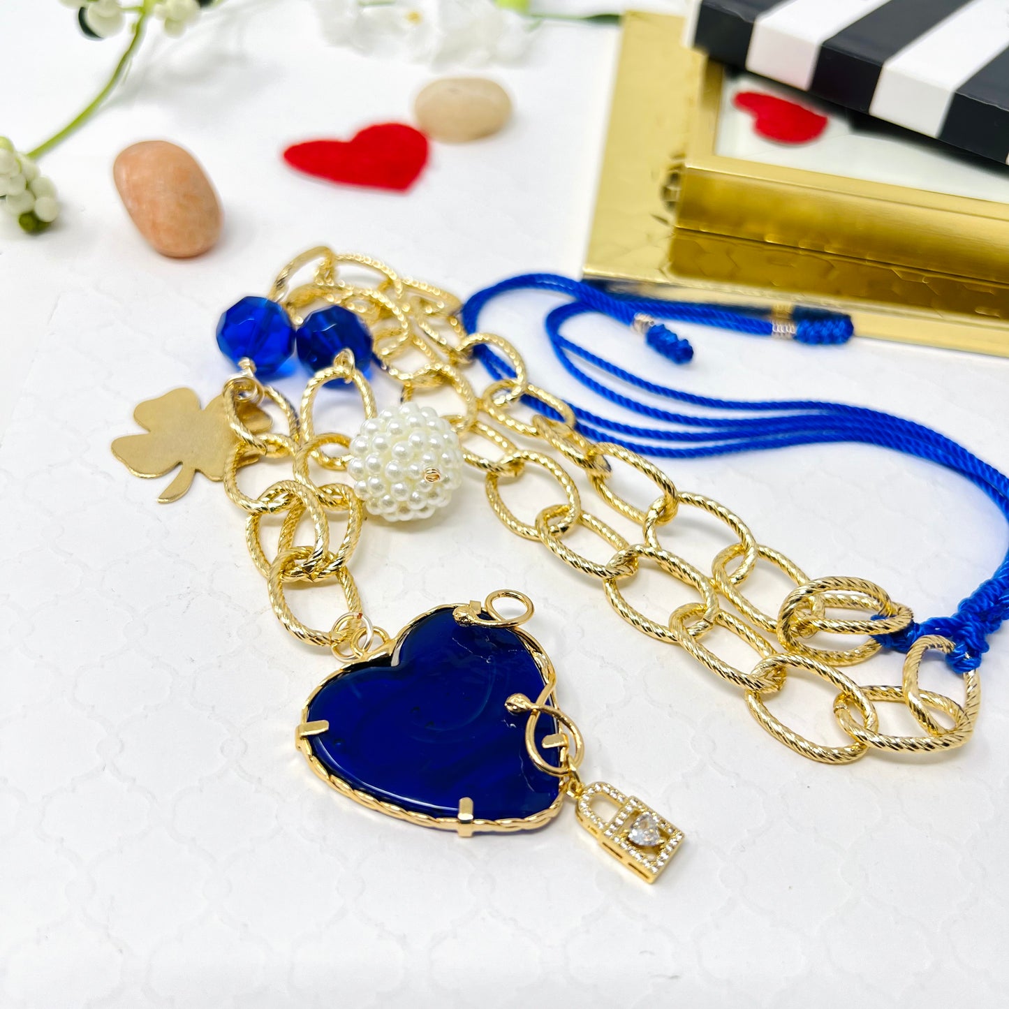 Murano Heart And Clover Gold Plated Charm Gold Chain Necklace For Women