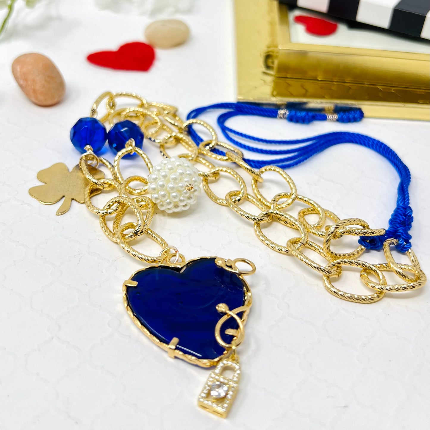 Murano Heart And Clover Gold Plated Charm Gold Chain Necklace For Women