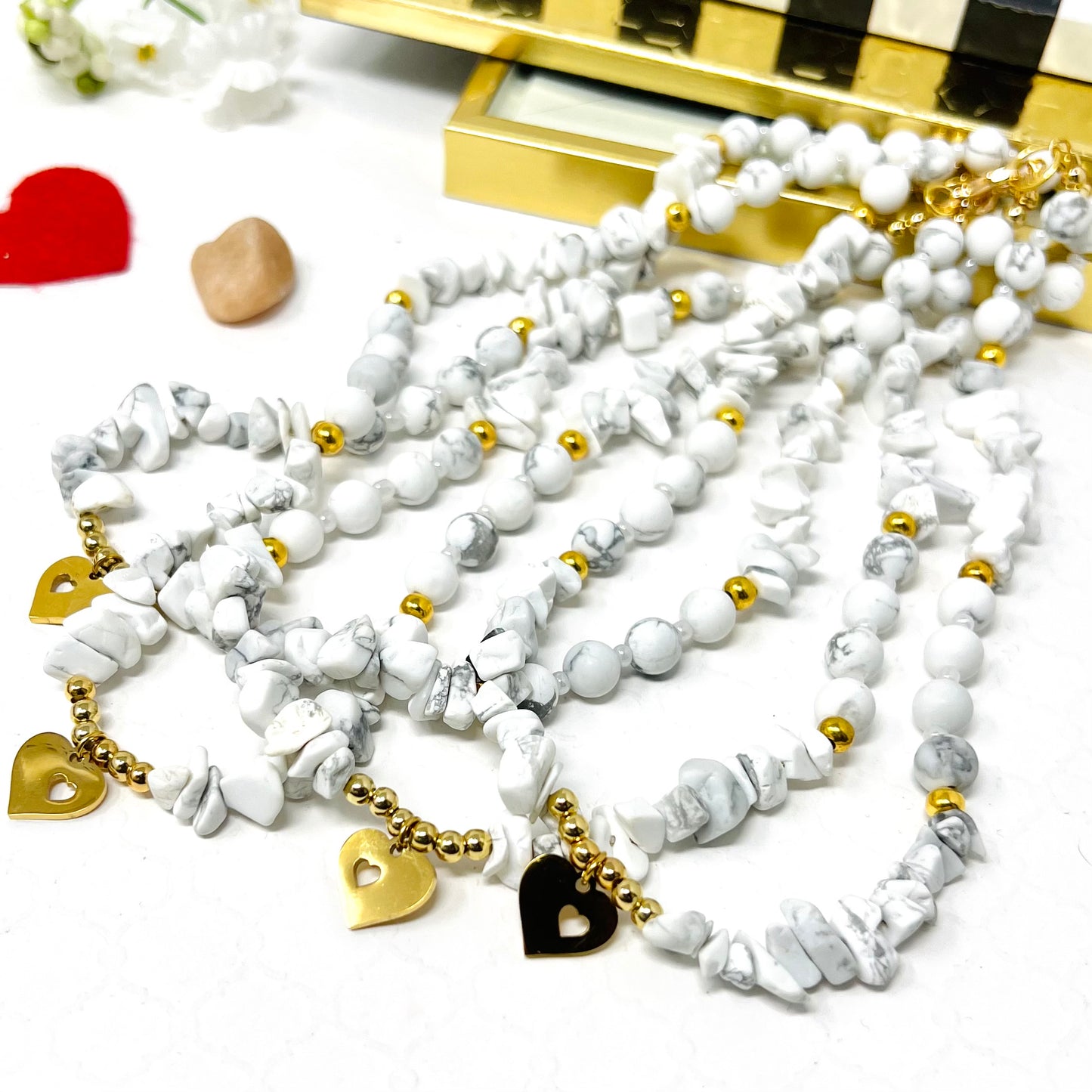 White Bead Necklace And Pendant In Stainless Steel