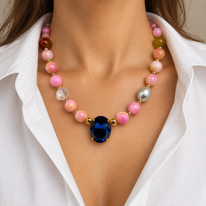 Pink Jade Necklace with Oval Montana Swarovski Crystal