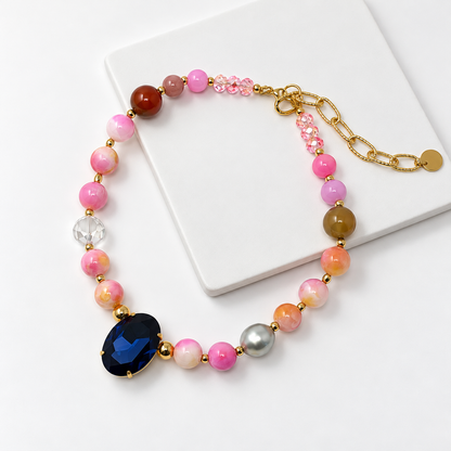 Pink Jade Necklace with Oval Montana Swarovski Crystal
