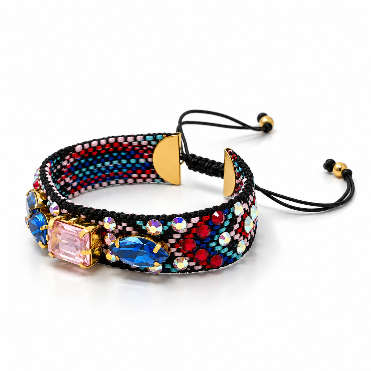 Black Macramé Bracelet with Multicolor Swarovski Crystals