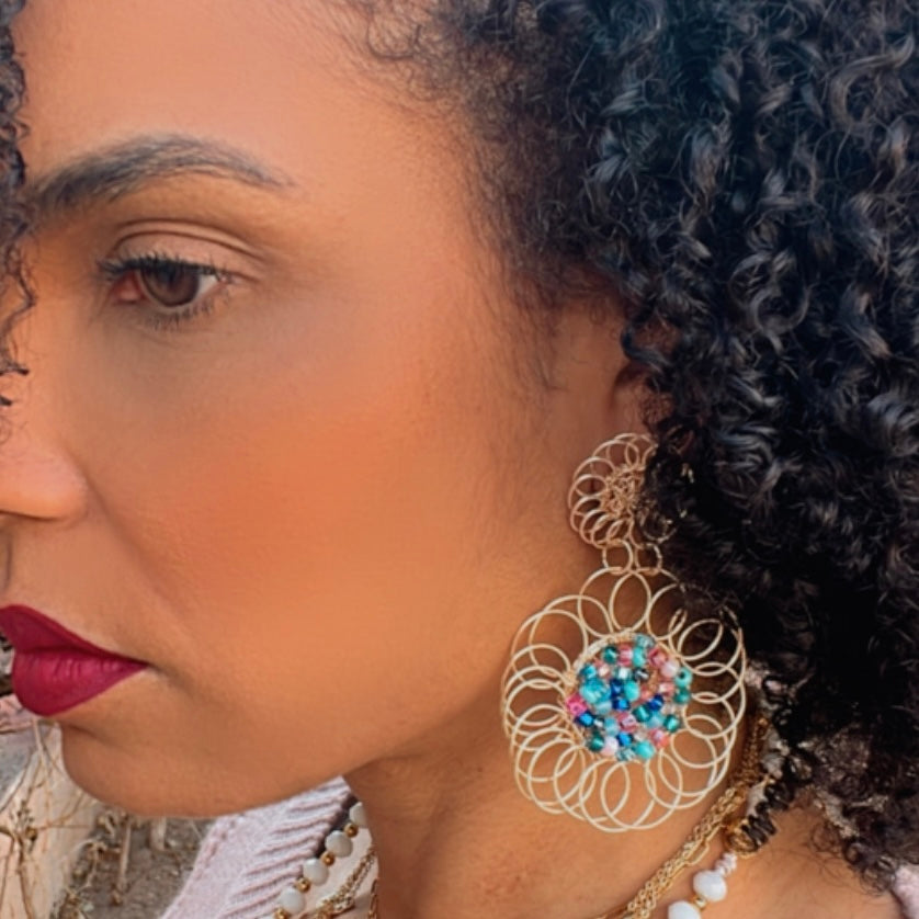 Golden Flower And Bead Earrings, Handmade Gold Plated Wire Earrings