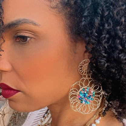 Golden Flower And Bead Earrings, Handmade Gold Plated Wire Earrings