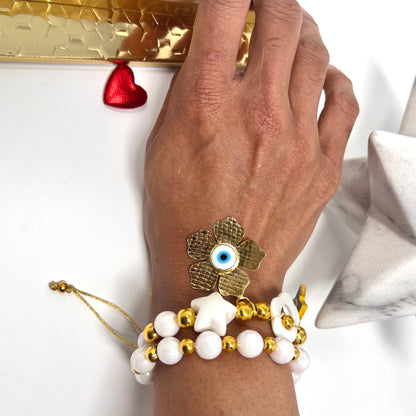 Handmade white beaded bracelet sets with flower evil eyes pendant, bracelet for women