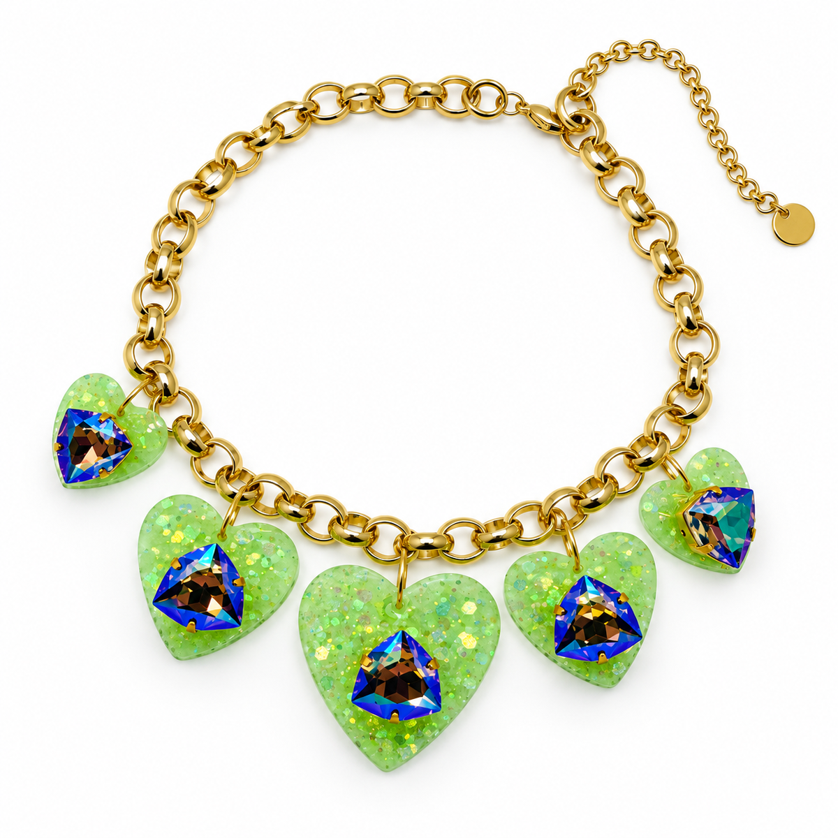 Gold-plated rolo necklace with five green resin heart charms and trilliant Swarovski crystals on a white background.