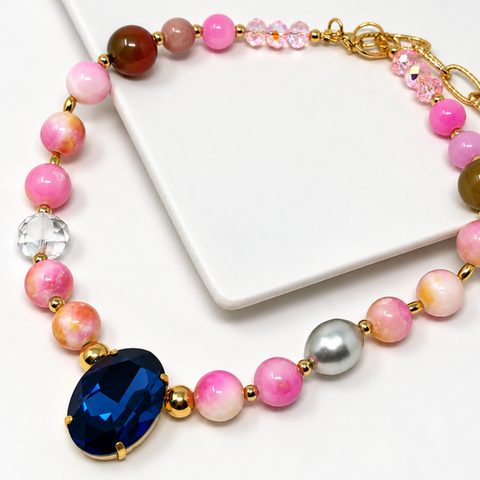 Pink Jade Necklace with Oval Montana Swarovski Crystal